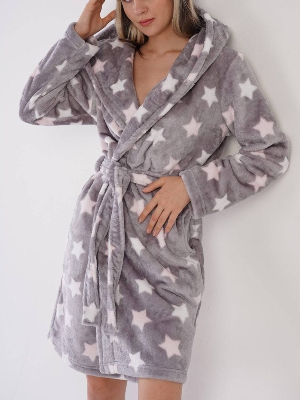 Love My Dreams Womens Hooded Fleece Robe Gray Star Print Belted Tie Size L